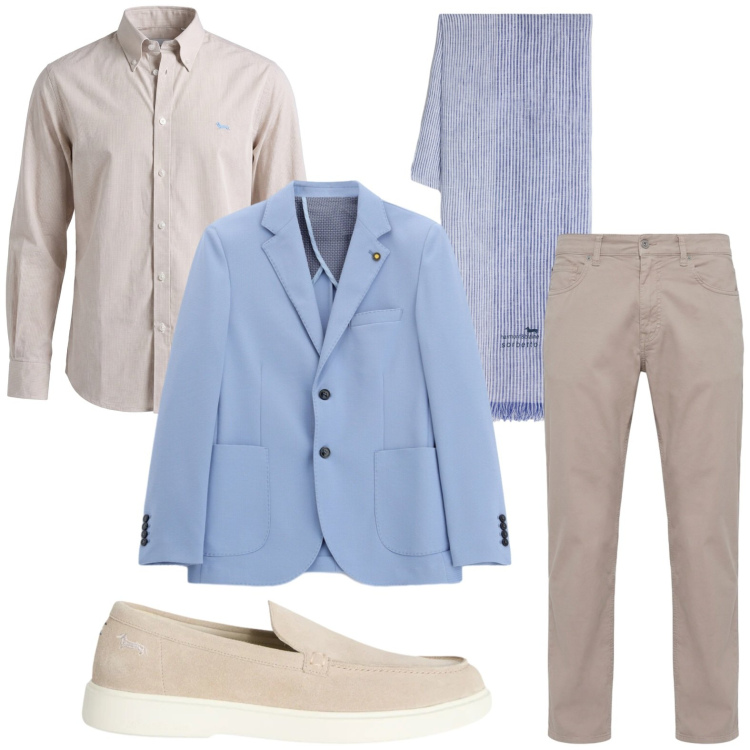 Outfit uomo - Color sabbia e cielo. Stile Casual per Tutti i giorni. Abbinamento con scarpe stringate, camicie, sciarpe, pantaloni, giacche.