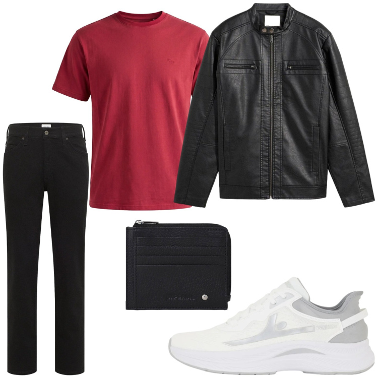 Outfit uomo - Glamour. Stile Casual per Serata speciale. Abbinamento con jeans dritti, giacche, portafogli, t-shirt, sneakers.