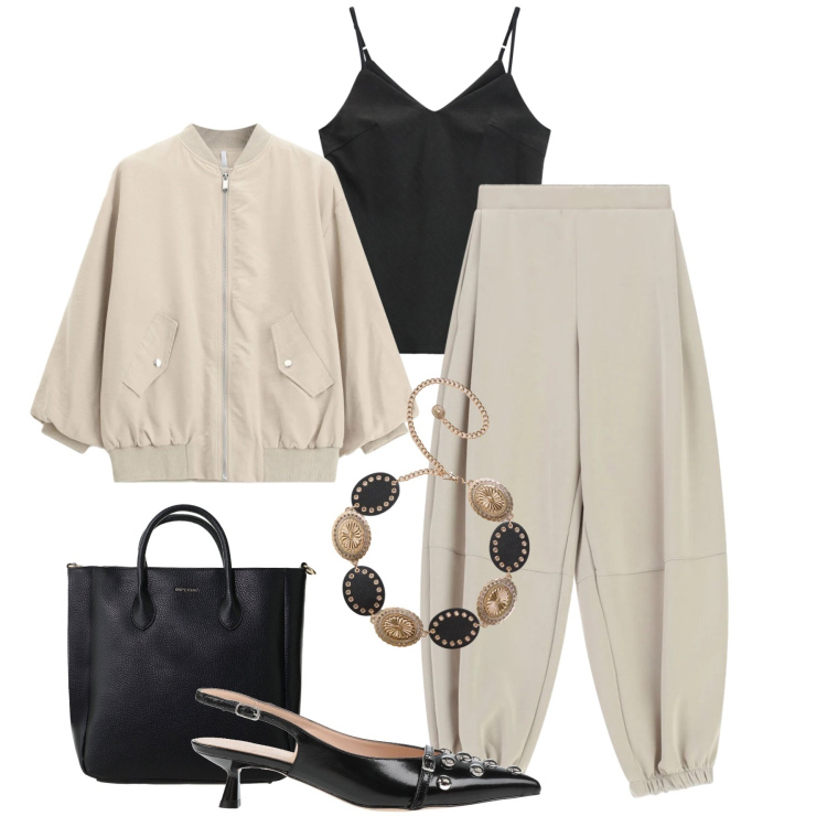 Outfit donna - Trouser jogging di sera. Stile Trendy per Serata fuori. Abbinamento con décolleté, cinture, pantaloni, bomber, canottiere, borse a tracolla.