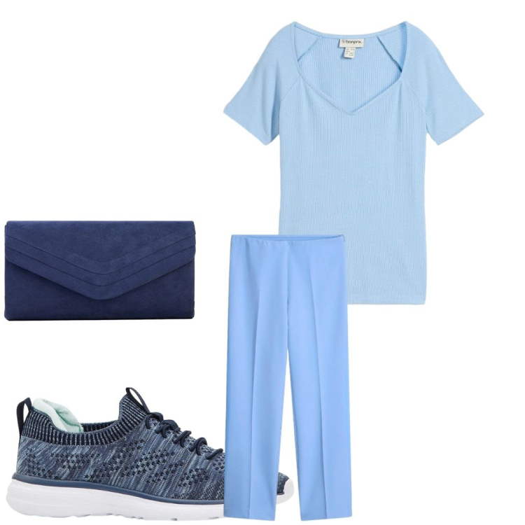 Outfit donna - Outfit blu. Stile Basic per Tutti i giorni. Abbinamento con sneakers, t-shirt, pantaloni, clutch.