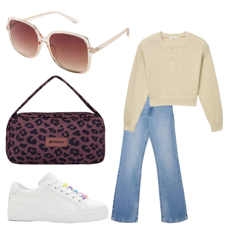 Outfit donna - Outfit estivo. Stile Basic per Tutti i giorni. Abbinamento con occhiali da sole, sneakers, maglieria, jeans bootcut, borse a spalla.