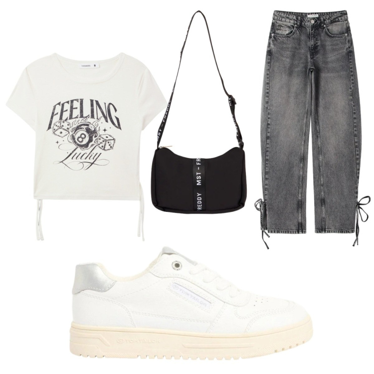 Outfit donna - Outfit per uscire. Stile Casual per Tutti i giorni. Abbinamento con sneakers, t-shirt, jeans, borse a tracolla.