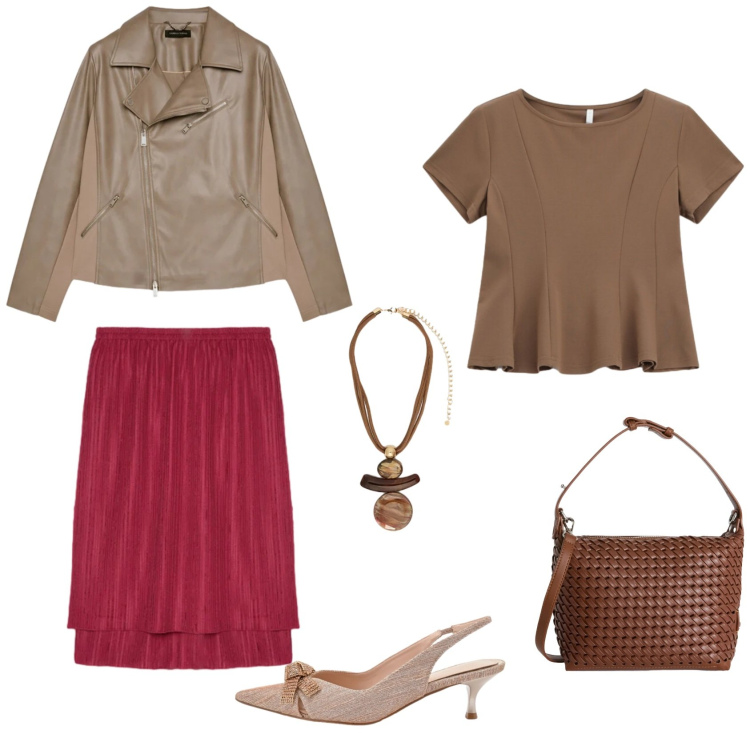 Outfit donna - In ufficio con stile. Stile Casual chic per Ufficio. Abbinamento con top, blazer, décolleté, ciondoli, gonne, borse a spalla.