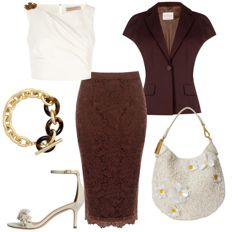 Outfit donna - Rinascimento: curve in evidenza. Stile Chic per Serata fuori. Abbinamento con top, gonne longuette, blazer, sandali in pelle, pochette, braccialetti.