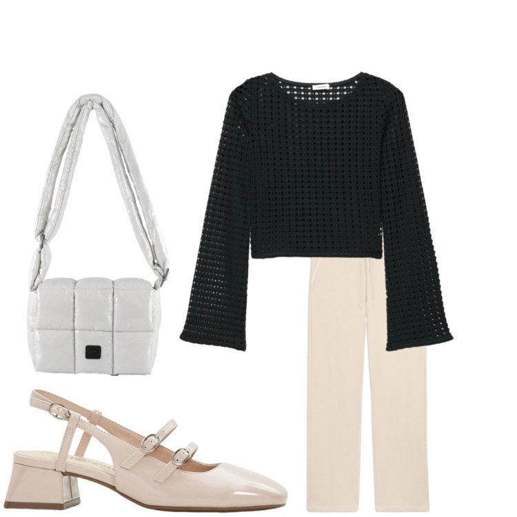 Outfit donna - Outfit per le giornate quotidiane. Stile Basic per Tutti i giorni. Abbinamento con décolleté, maglieria, pantaloni, borse a spalla.
