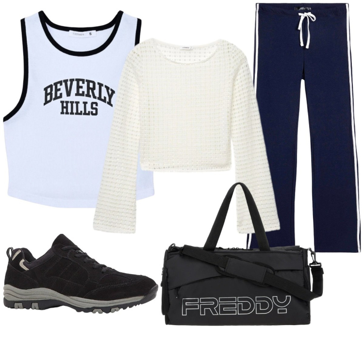 Outfit donna - Outfit sportivo. Stile Basic per Sport. Abbinamento con pantaloni sportivi, scarpe sportive, maglieria, top sportivi, borse sportive.