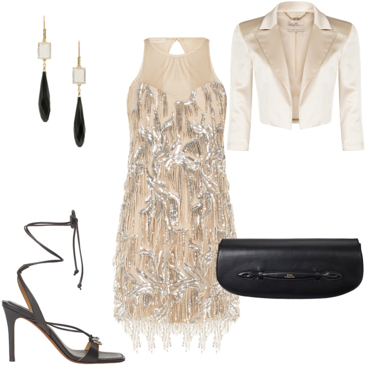 Outfit donna - Rinascimento: curve in evidenza. Stile Glamour per Serata fuori. Abbinamento con vestiti corti, bolero, clutch, orecchini, sandali in pelle.