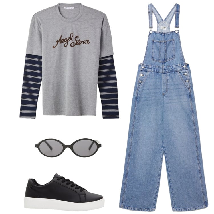 Outfit donna - Una salopette. Stile Preppy per Scuola/Università. Abbinamento con sneakers, salopette, t-shirt, occhiali da sole.
