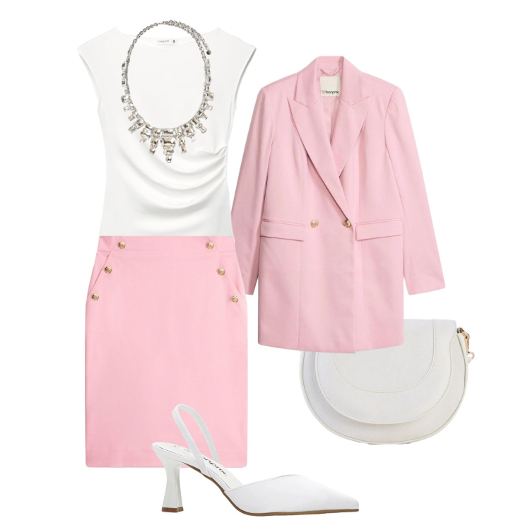 Outfit donna - Cena di lavoro. Stile Glamour per Serata fuori. Abbinamento con gonne, décolleté, borse a tracolla, blazer, top, collane.