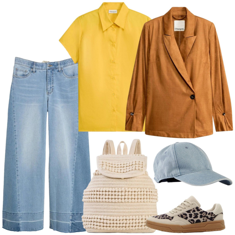 Outfit donna - Sole e denim chiaro. Stile Casual per Tutti i giorni. Abbinamento con jeans, sneakers, blazer, zaini, camicie a manica corta, cappelli con visiera.