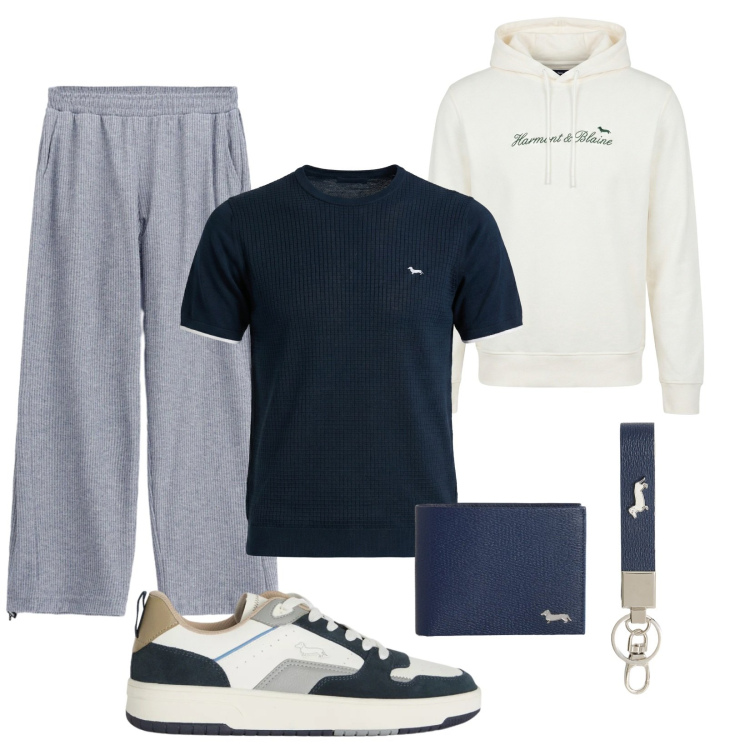 Outfit uomo - Tempo libero. Stile Casual per Sport. Abbinamento con pantaloni, felpe con cappuccio, portachiavi, portafogli, t-shirt, sneakers.