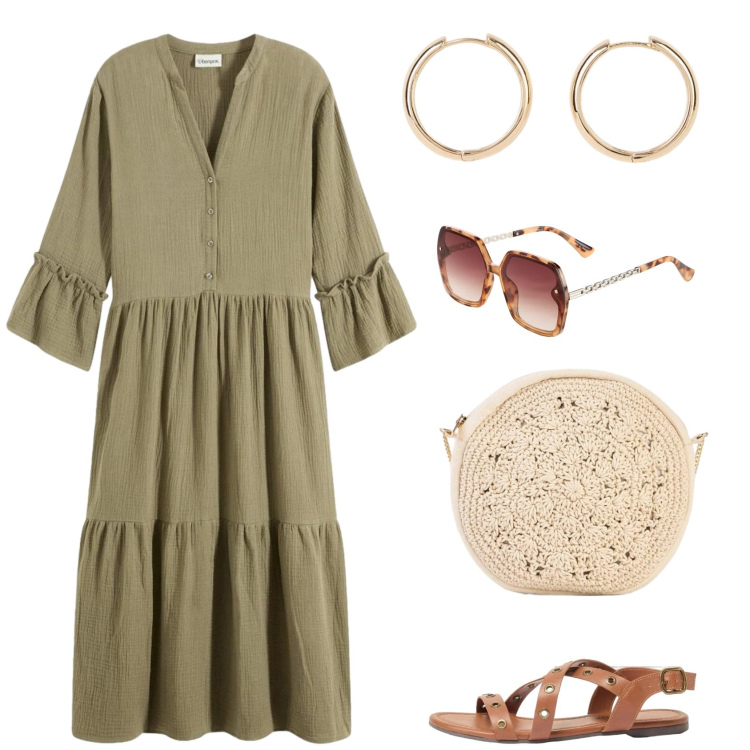 Outfit donna - Boho spring. Stile Boho per Tutti i giorni. Abbinamento con vestiti chemisier, sandali, occhiali da sole, orecchini, borse a tracolla.