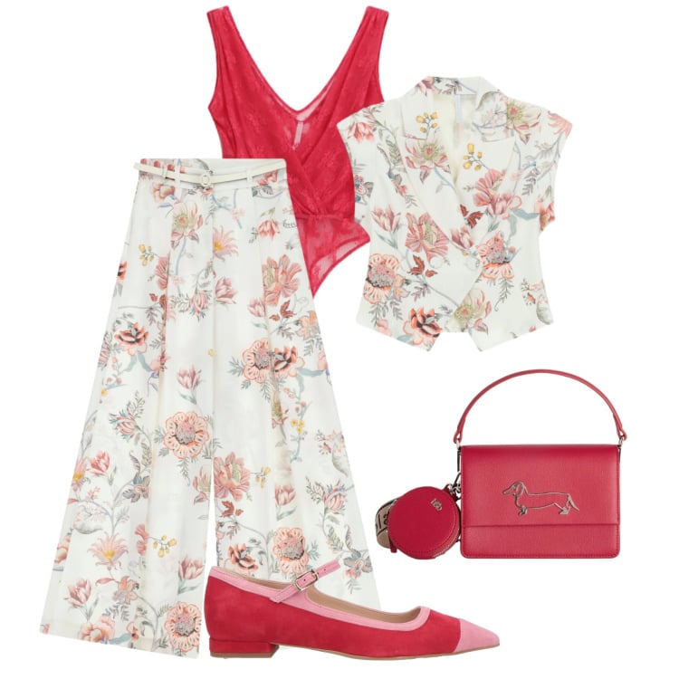 Outfit donna - Festa di laurea floreale. Stile Chic per Tutti i giorni. Abbinamento con ballerine, pantaloni a palazzo, top, gilet, borse a tracolla.