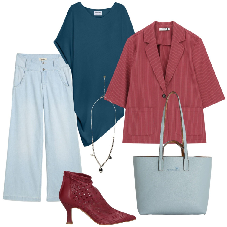 Outfit donna - Total look #2388716. Stile Casual chic per Tutti i giorni. Abbinamento con stivaletti, jeans, maglieria, blazer, shopping bag, ciondoli.