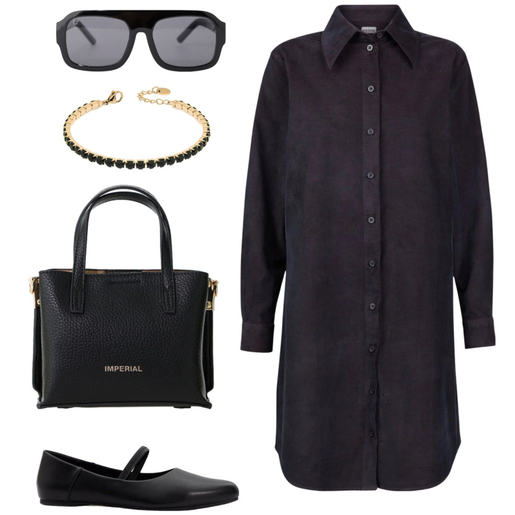 Outfit donna - All black. Stile Minimal per Scuola/Università. Abbinamento con ballerine, occhiali da sole, borse a tracolla, braccialetti, vestiti chemisier.
