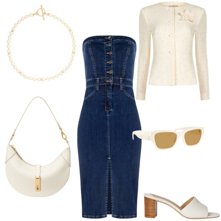 Outfit donna - Rinascimento: curve in evidenza. Stile Casual chic per Serata fuori. Abbinamento con blazer, vestiti a tubino, sandali in pelle, borse a spalla, collane, occhiali da sole.