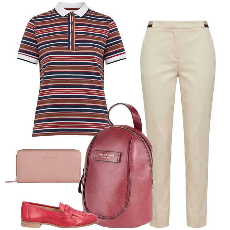 Outfit donna - Polo e mocassini. Stile Mannish per Tutti i giorni. Abbinamento con mocassini, zaini, pantaloni chino, polo, portafogli.