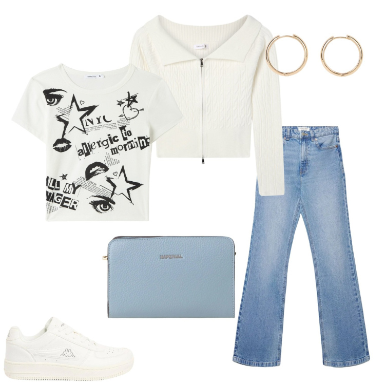 Outfit donna - Total look #2388723. Stile Casual chic per Ufficio. Abbinamento con orecchini, sneakers, jeans bootcut, t-shirt, maglieria, borse a tracolla.