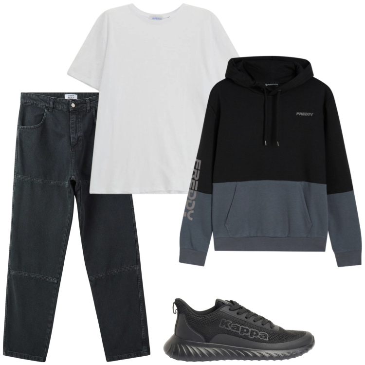 Outfit uomo - Total look #2388724. Stile Casual per Tutti i giorni. Abbinamento con sneakers, t-shirt, felpe con cappuccio, pantaloni.