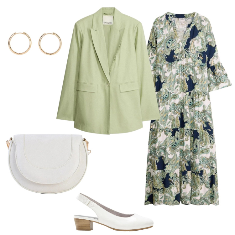 Outfit donna - Total look #2388734. Stile Boho per Ufficio. Abbinamento con vestiti lunghi, décolleté, blazer, orecchini, borse a tracolla.