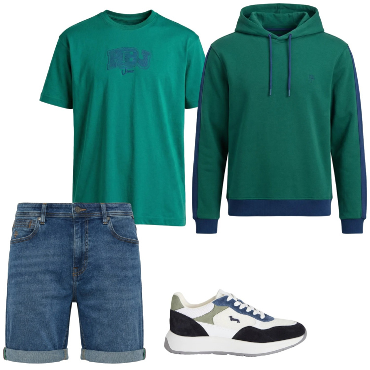 Outfit uomo - Freedom. Stile Casual per Tutti i giorni. Abbinamento con sneakers, felpe con cappuccio, bermuda, t-shirt.