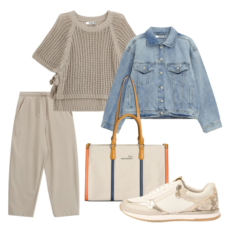 Outfit donna - Mezza stagione. Stile Casual per Tutti i giorni. Abbinamento con sneakers, pantaloni, blazer, top, borse tote.