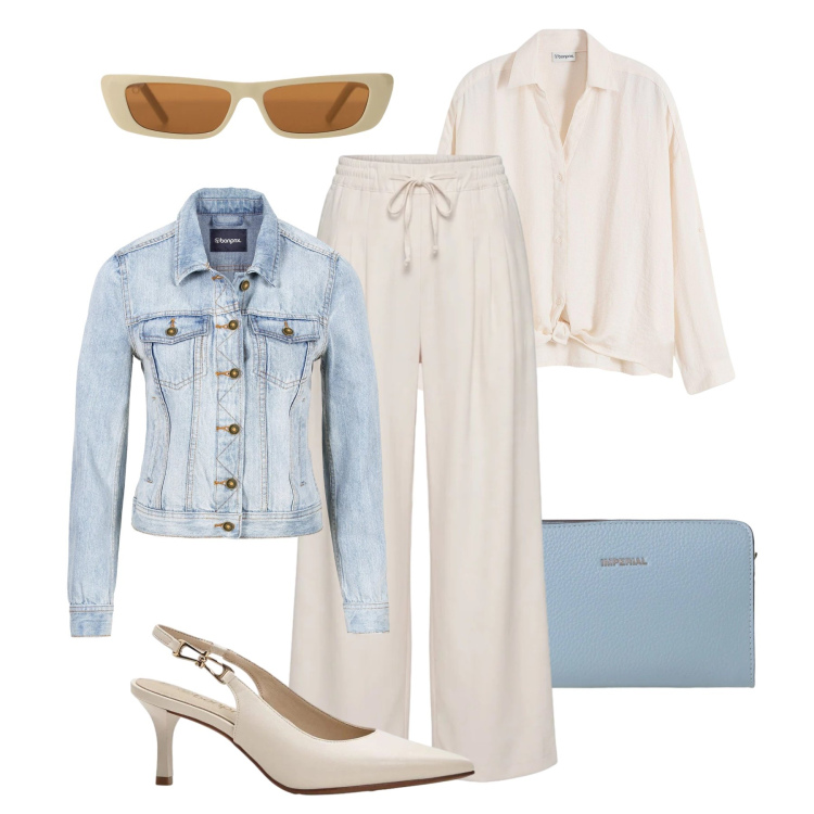 Outfit donna - City casual glam. Stile Casual chic per Tutti i giorni. Abbinamento con giacche sportive, bluse, décolleté, pantaloni, occhiali da sole, borse a tracolla.
