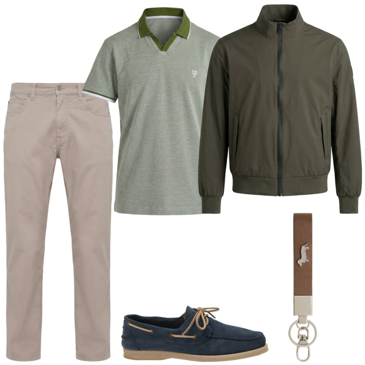 Outfit uomo - Passeggiata in centro. Stile Casual per Tutti i giorni. Abbinamento con portachiavi, pantaloni, scarpe stringate, polo, bomber.