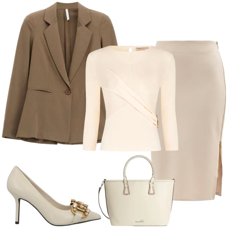 Outfit donna - Total look #2388745. Stile Bon Ton per Ufficio. Abbinamento con décolleté, shopping bag, blazer, gonne longuette, bluse.
