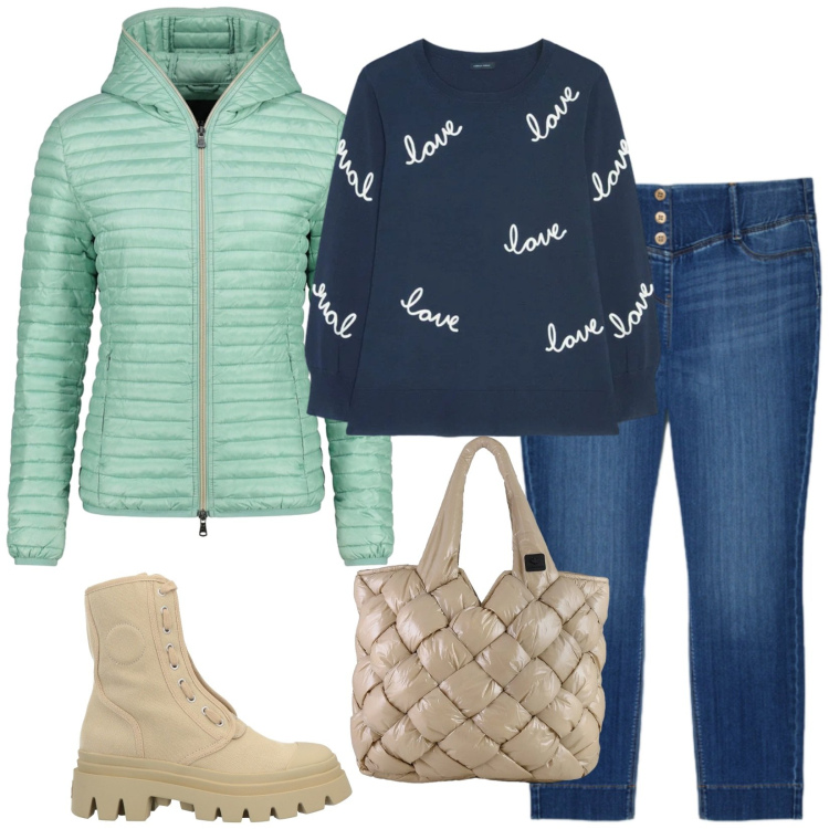 Outfit donna - Total look #2388747. Stile Urban per Tutti i giorni. Abbinamento con stivaletti, jeggings, maglieria, borse tote, piumini.