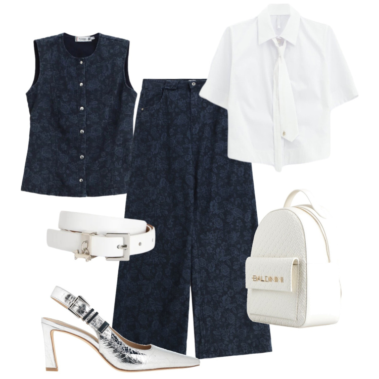 Outfit donna - Completo in denim floreale. Stile Casual chic per Tutti i giorni. Abbinamento con zaini, décolleté, camicie a manica corta, jeans, gilet, cinture.