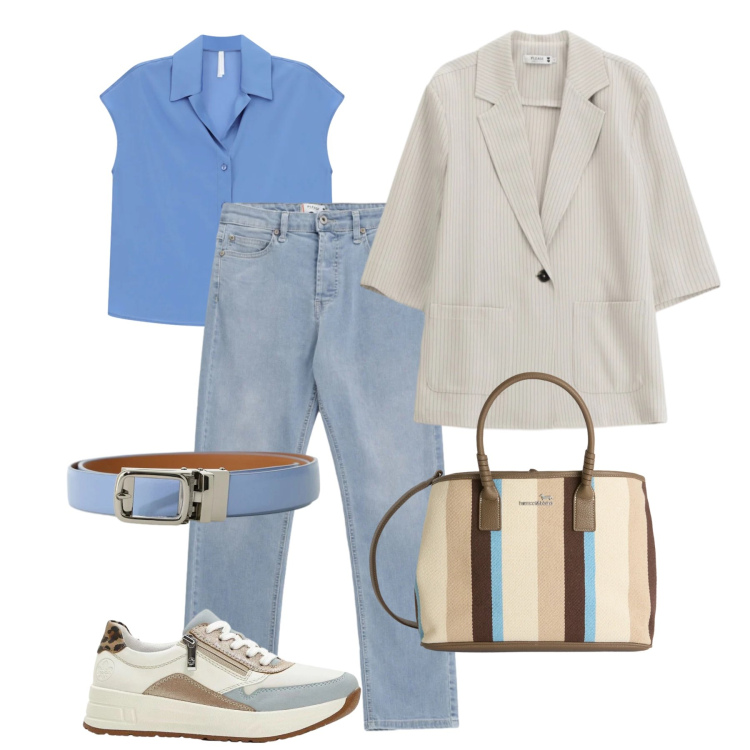 Outfit donna - Blazer gessato e jeans. Stile Casual chic per Tutti i giorni. Abbinamento con sneakers, camicie a manica corta, cinture, blazer, jeans, shopping bag.