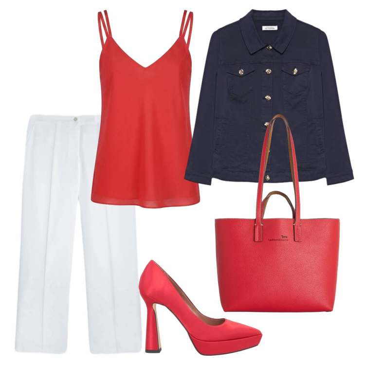 Outfit donna - A Saint Tropez. Stile Casual chic per Mare. Abbinamento con décolleté, blazer, pantaloni, canottiere, shopping bag.