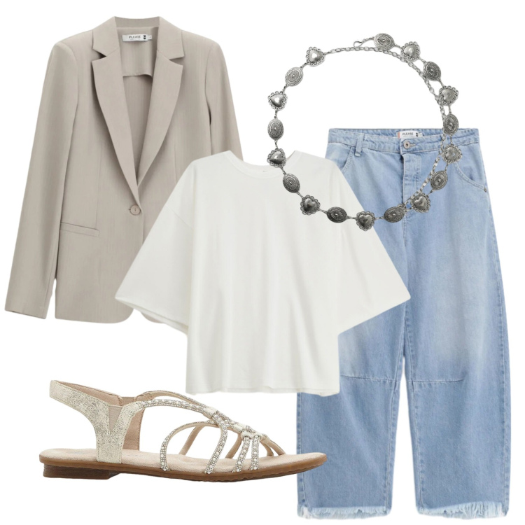 Outfit donna - Total look #2388760. Stile Casual per Tutti i giorni. Abbinamento con sandali, cinture, jeans, blazer, t-shirt.