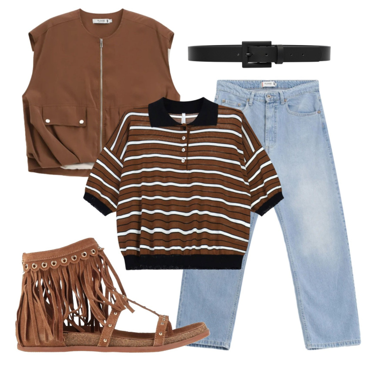 Outfit donna - Total look #2388761. Stile Etnico per Tutti i giorni. Abbinamento con infradito, jeans, gilet, polo, cinture.