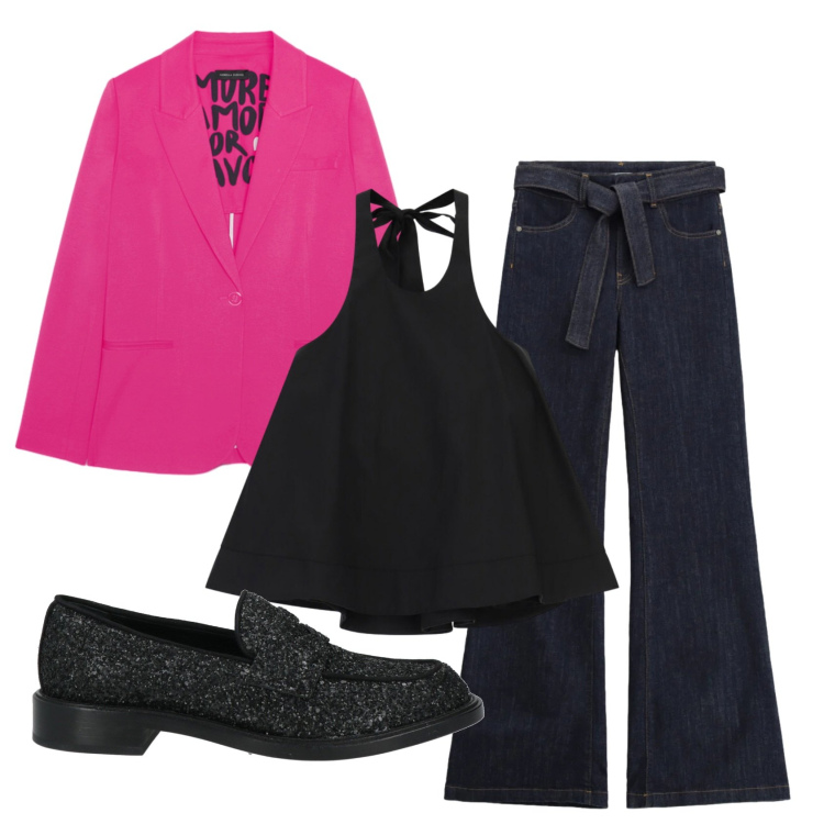 Outfit donna - Total look #2388765. Stile Trendy per Serata fuori. Abbinamento con mocassini, blazer, jeans a zampa, top.