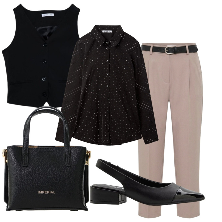 Outfit donna - Total look #2388768. Stile Bon Ton per Ufficio. Abbinamento con décolleté, camicie, gilet, pantaloni, borse a tracolla.