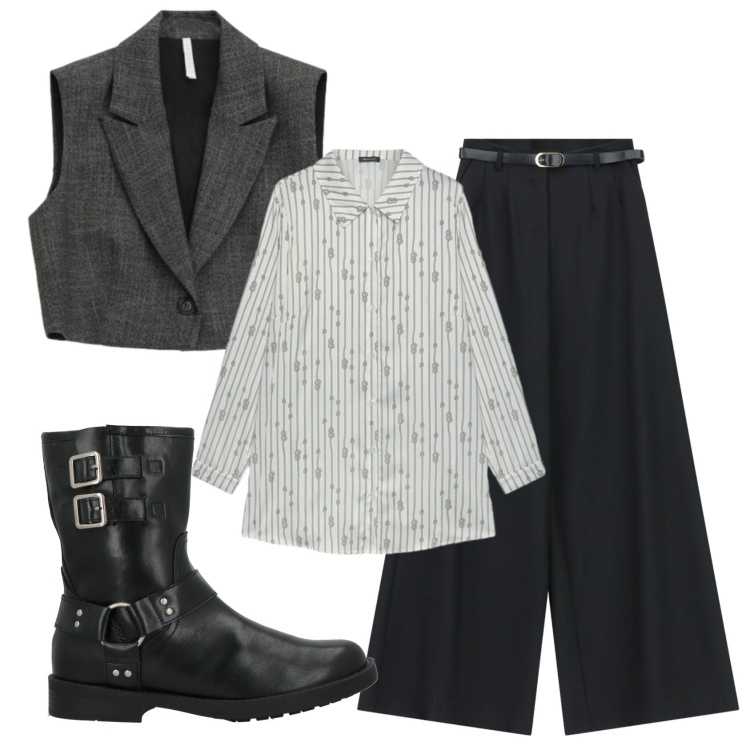 Outfit donna - Total look #2388769. Stile Rock per Ufficio. Abbinamento con stivaletti, pantaloni a palazzo, gilet, camicie.