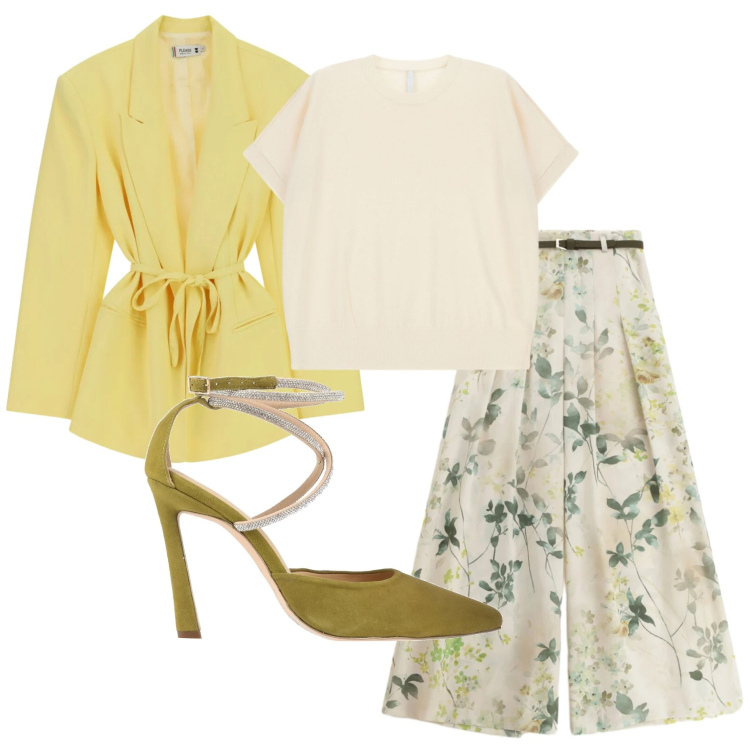 Outfit donna - Primavera. Stile Romantica per Ufficio. Abbinamento con décolleté, t-shirt, pantaloni a palazzo, blazer.