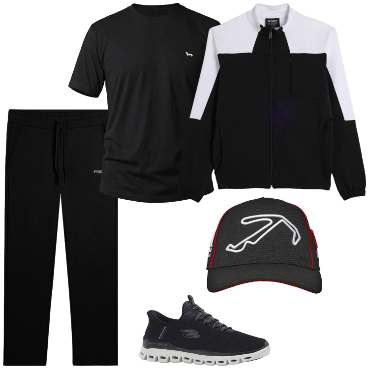 Outfit uomo - Sport. Stile Casual per Sport. Abbinamento con sneakers, cappelli con visiera, t-shirt, pantaloni sportivi, felpe.