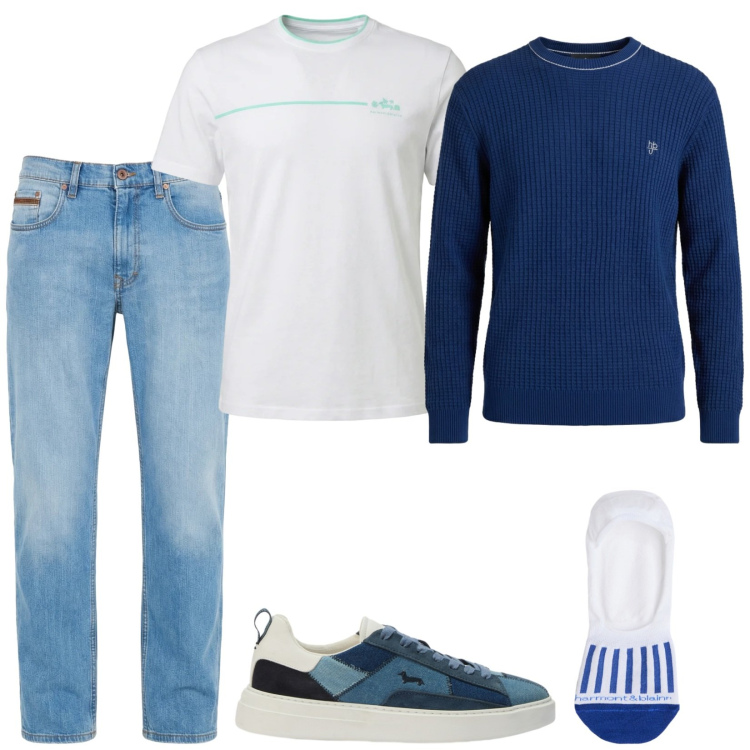 Outfit uomo - Total look #2388776. Stile Casual per Tutti i giorni. Abbinamento con jeans, calzini, t-shirt, sneakers, maglieria.