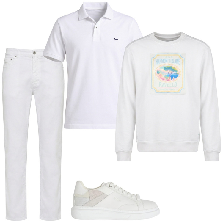 Outfit uomo - Total White. Stile Casual per Tutti i giorni. Abbinamento con sneakers, pantaloni, polo, felpe.