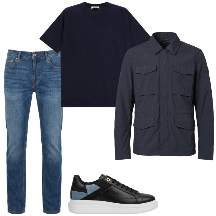Outfit uomo - Blu. Stile Casual per Tutti i giorni. Abbinamento con t-shirt, sneakers, jeans, cappotti.