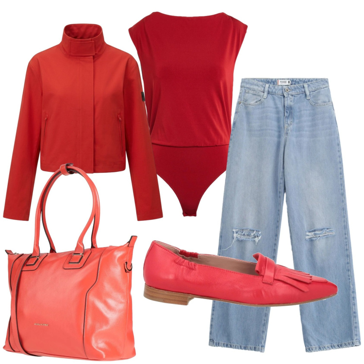 Outfit donna - Total look #2388781. Stile Mannish per Ufficio. Abbinamento con mocassini, zaini, body, jeans strappati, blazer.