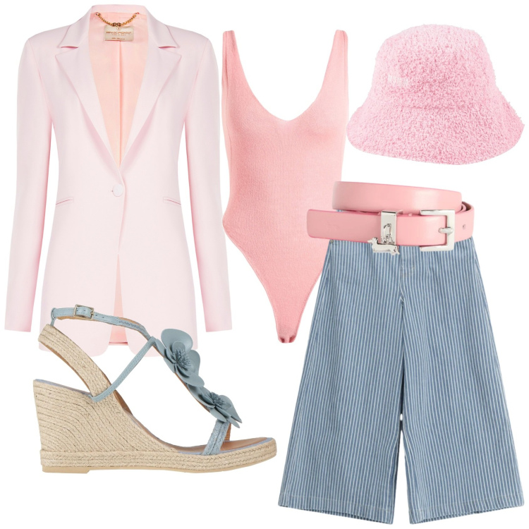 Outfit donna - Total look #2388785. Stile 70s per Ufficio. Abbinamento con body, cappelli, espadrillas, cinture, jeans, blazer.