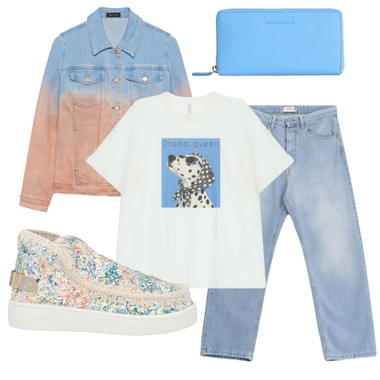 Outfit donna - Total look #2388788. Stile Casual per Tutti i giorni. Abbinamento con stivaletti, t-shirt, blazer, jeans, portafogli.