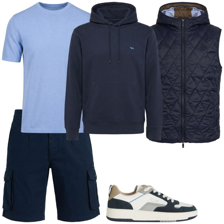 Outfit uomo - Aprile. Stile Casual per Tutti i giorni. Abbinamento con piumini, felpe con cappuccio, sneakers, bermuda, t-shirt.