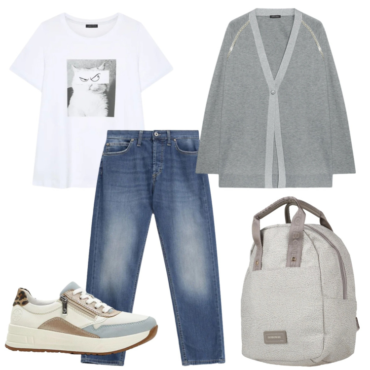 Outfit donna - Il cardigan. Stile Casual per Tutti i giorni. Abbinamento con zaini, sneakers, cardigans, t-shirt, jeans dritti.