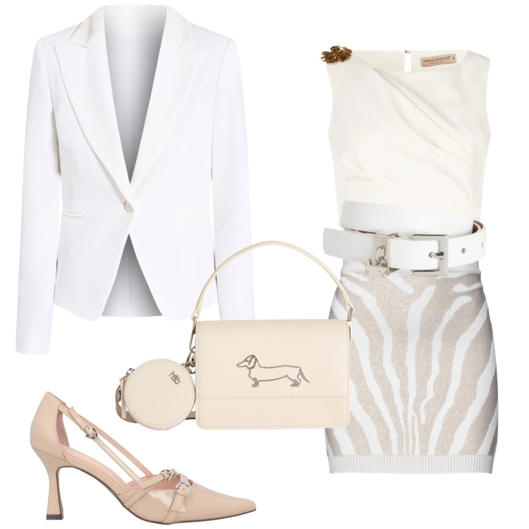 Outfit donna - Una calda giornata. Stile Glamour per Tutti i giorni. Abbinamento con décolleté, minigonne, top, blazer, cinture, borse a tracolla.