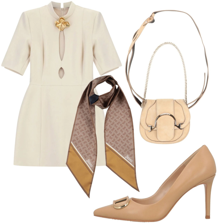 Outfit donna - Un caldo pomeriggio primaverile. Stile Casual chic per Tutti i giorni. Abbinamento con marsupi, sciarpe, décolleté, vestiti corti.